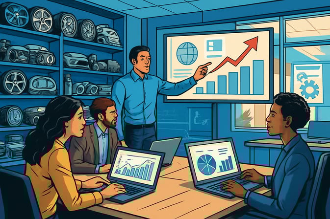 Ilustración de un entorno moderno de distribución automotriz