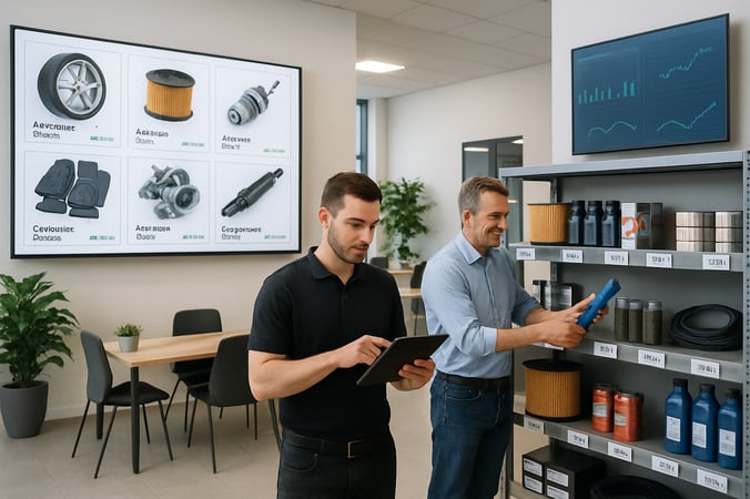 photographic A imagem apresenta uma moderna concessionria automotiva com um ambiente bem iluminado e organizado Ao fundo um grande painel digital exib